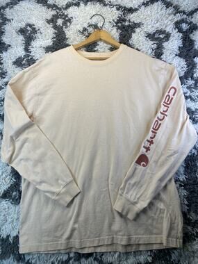 Carhartt Men's L Beige Loose Fit Logo Crew Neck Long Sleeve Cotton Tee TK0231-M